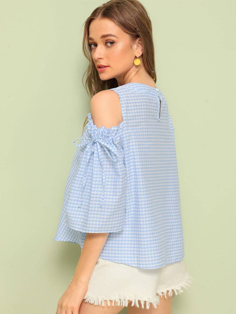 Camisa de hombros descubiertos de guingán con cordón | ROMWE Camisa bajo con cordón de hombros descubiertos de lunares