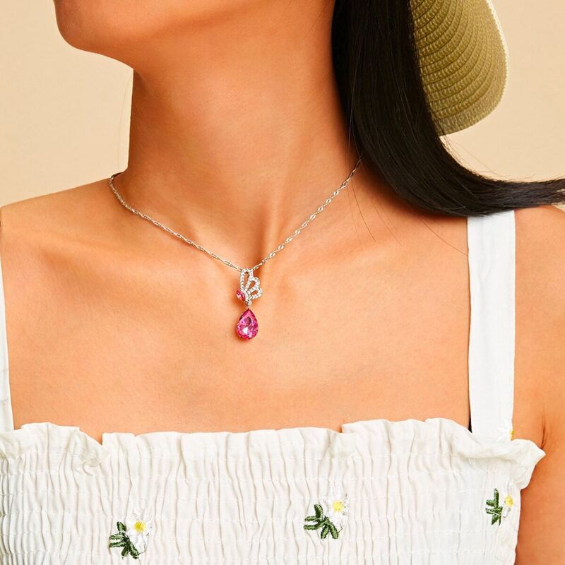 

Teardrop Rhinestone Pendant Chain Necklace 1pc, Hot pink