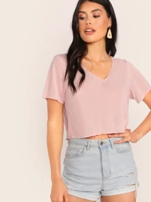 SHEIN V-neck Solid Crop Tee - Baby Pink - View 3