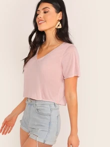 SHEIN V-neck Solid Crop Tee - Baby Pink - View 1