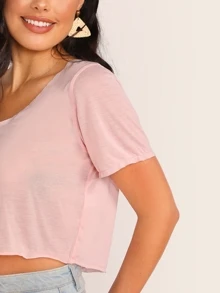 SHEIN V-neck Solid Crop Tee - Baby Pink - View 4