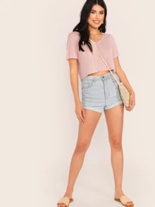 SHEIN V-neck Solid Crop Tee - Baby Pink - View 5