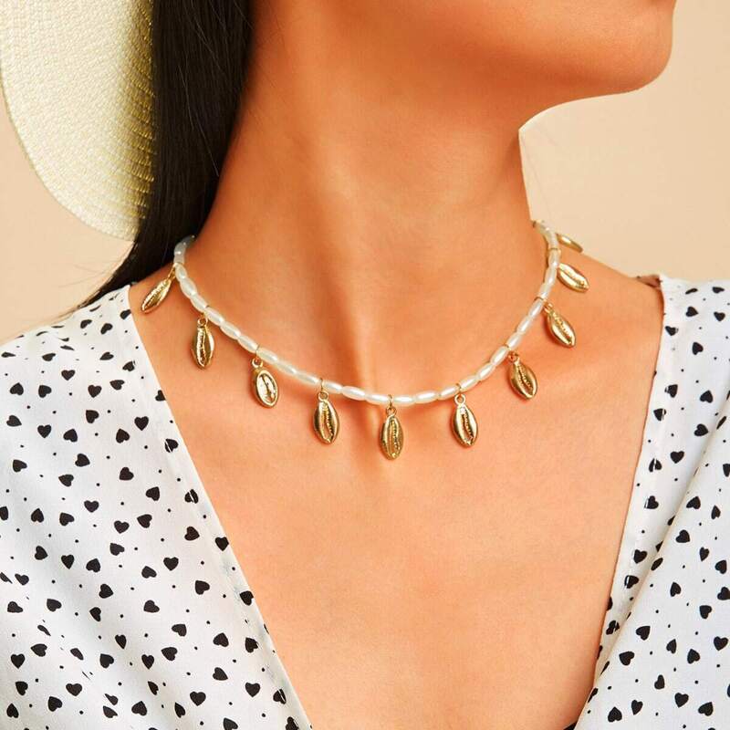 

Shell Charm Faux Pearl Design Chain Necklace 1pc, Gold