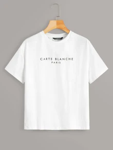 SHEIN EZwear Slogan Graphic Tee CARTE BLANCHE PARIS - White - View 1