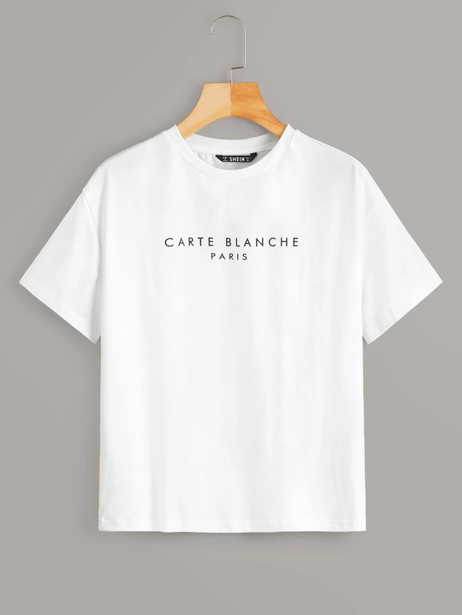 SHEIN EZwear Slogan Graphic Tee CARTE BLANCHE PARIS - White - View 1