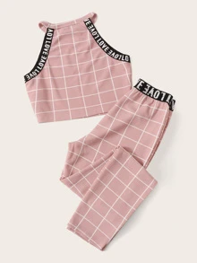 Muchica Letter Tape Grid Textured Halter Top and Leggings Set - Dusty Pink - View 2