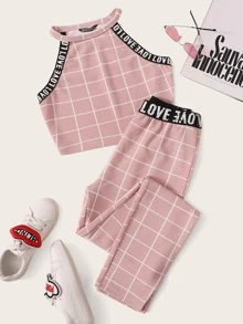 Muchica Letter Tape Grid Textured Halter Top and Leggings Set - Dusty Pink - View 1