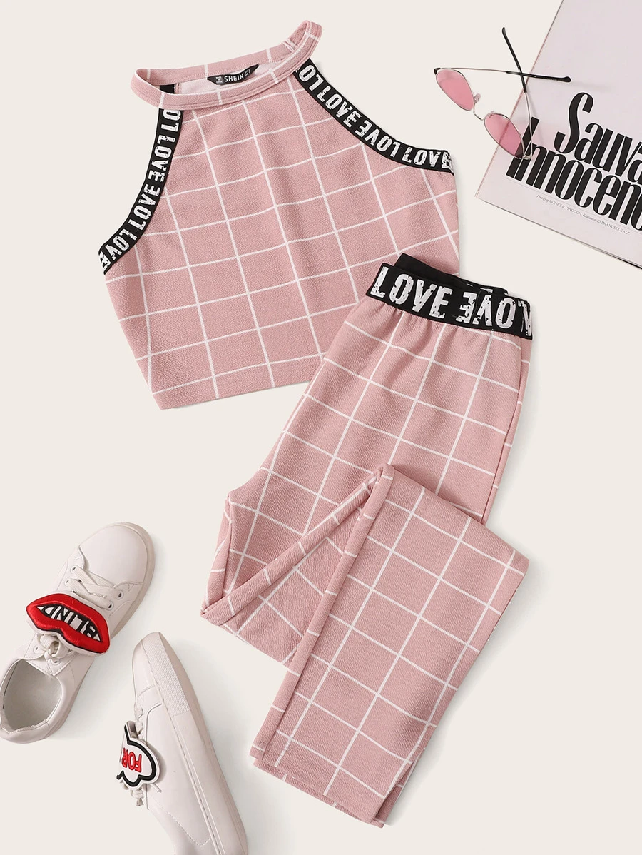 Muchica Letter Tape Grid Textured Halter Top and Leggings Set - Dusty Pink - View 1