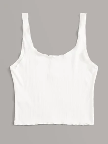 SHEIN Button Front Rib-knit Lettuce Trim Tank Top