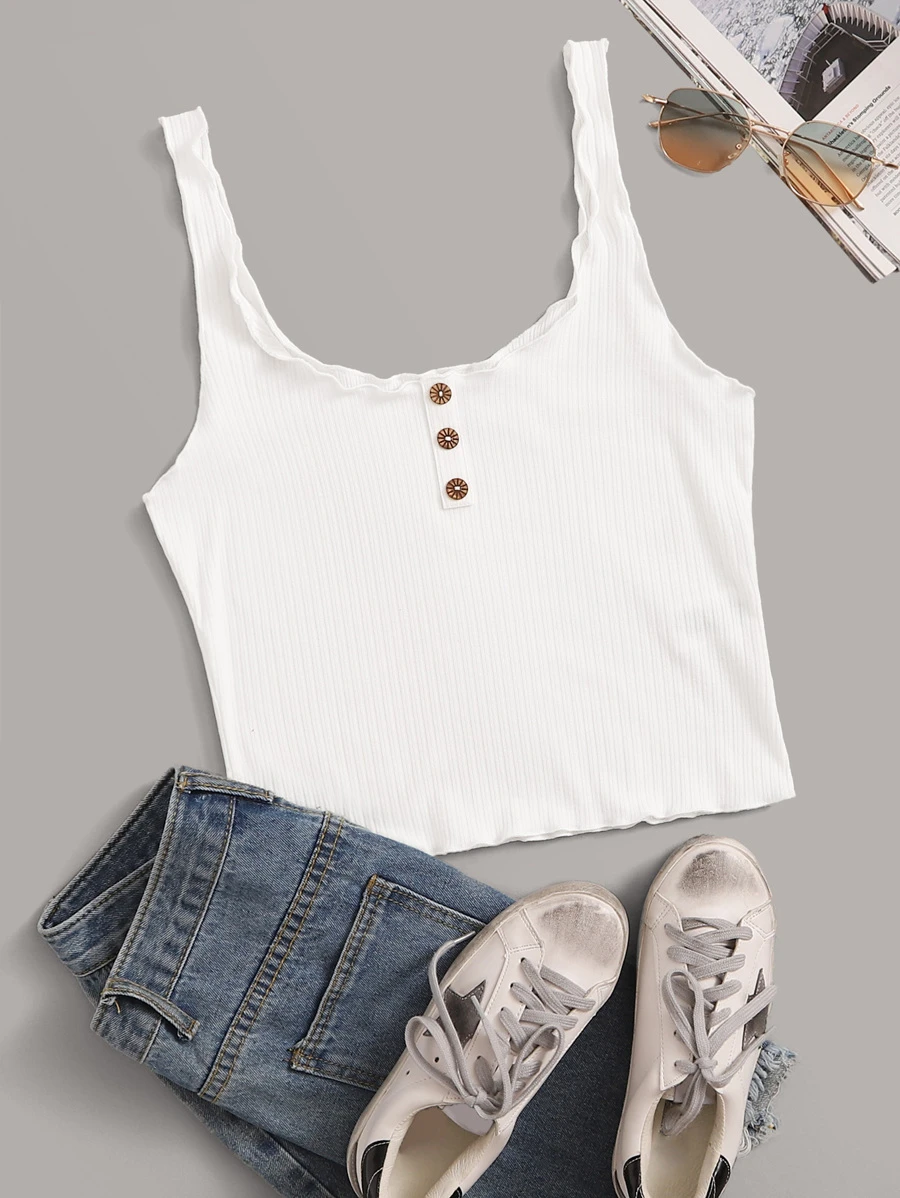 SHEIN Button Front Rib-knit Lettuce Trim Tank Top