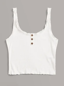 SHEIN Button Front Rib-knit Lettuce Trim Tank Top
