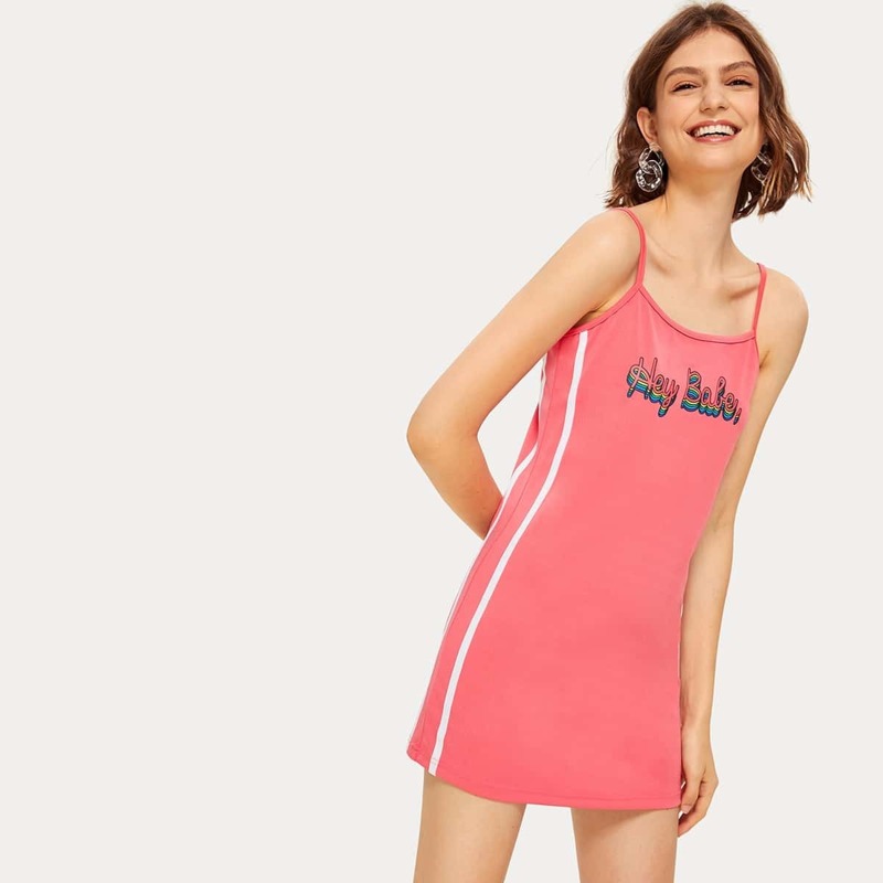 

Letter Print Side Striped Cami Dress, Pink