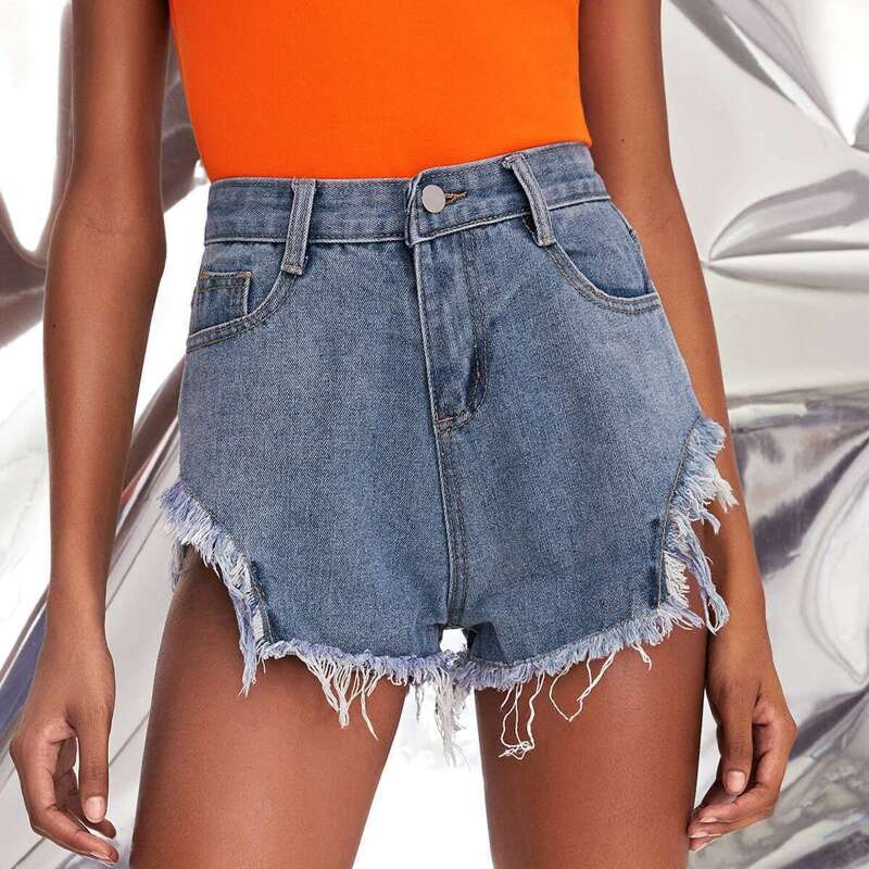

Raw Hem Button Fly Denim Shorts, Blue
