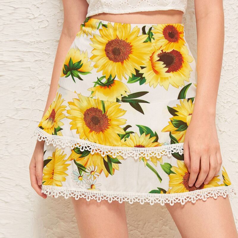 

Sunflower Print Lace Panel Tiered Layer Skirt, Multicolor