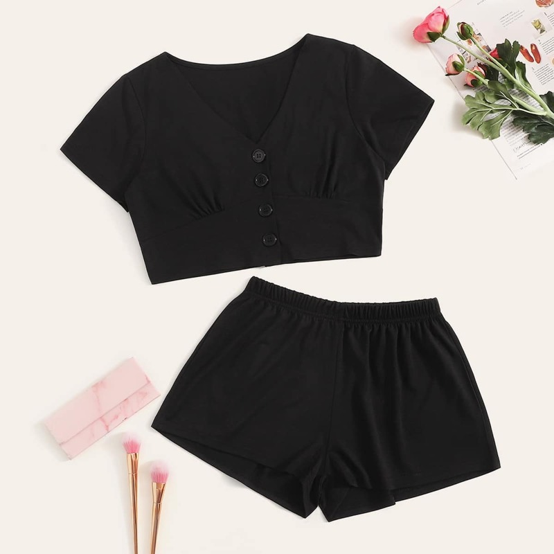 Crop Button-up Pajama Set, Black