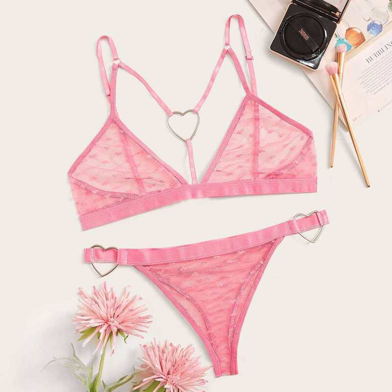 

Heart Ring Harness Sheer Lingerie Set, Pink