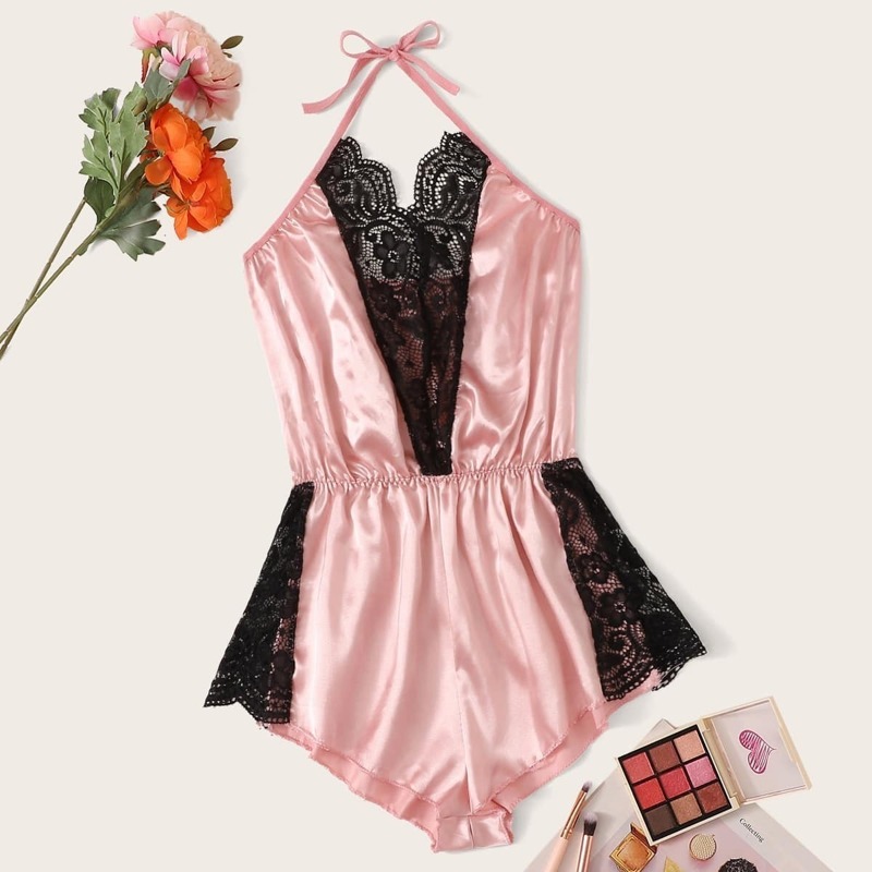 

Floral Lace Satin Halter Romper Bodysuit, Pink