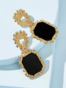 Two Tone Geometric Drop Earrings 1pair - Black - View 2