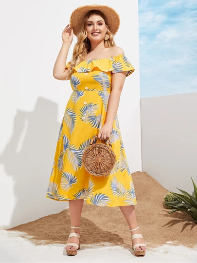 Plus Size Curvy Button Front Leaf Print Bardot Dress Palm Print Yellow Women's