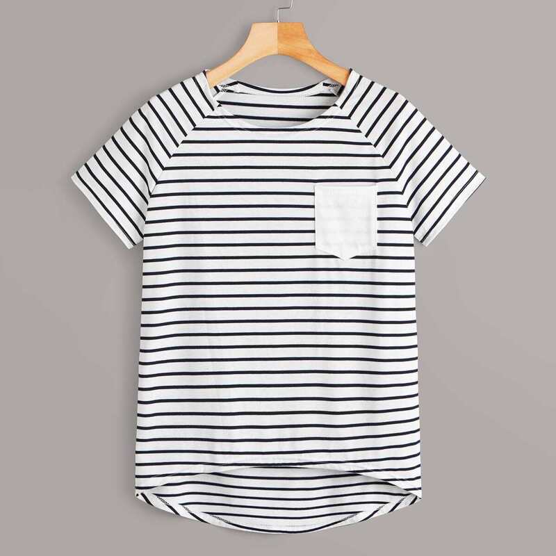 

Striped Raglan Sleeve High Low Tee, Black and white