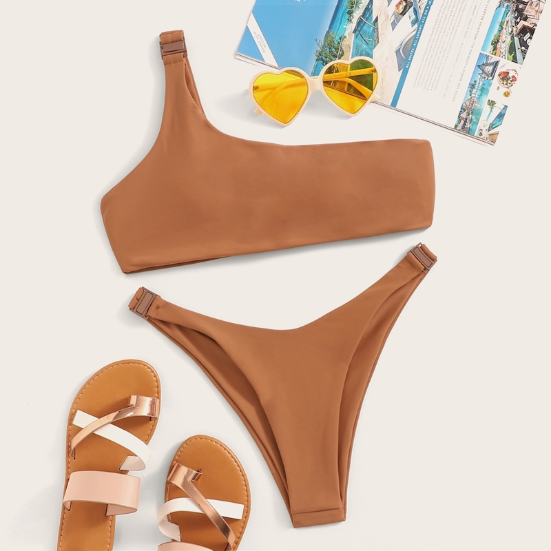 

One Shoulder Top With High Cut Bikini Set, Brown