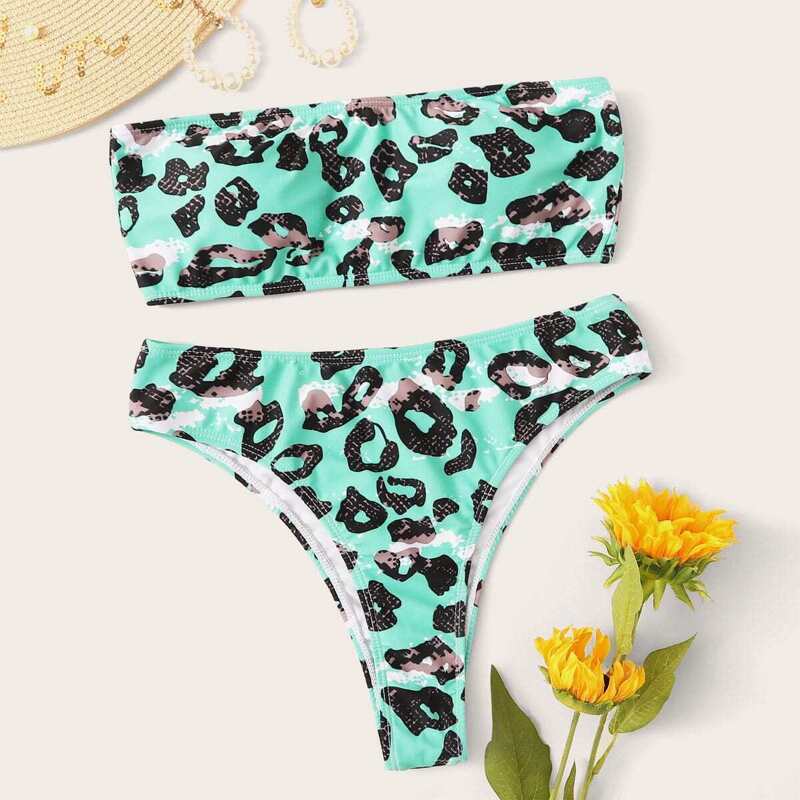 

Leopard Bandeau Top With High Waist Bikini Set, Multicolor