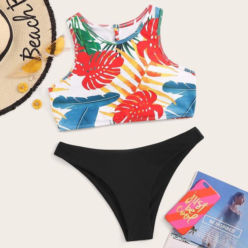 

Tropical Lace Up Back Bikini Set, Multicolor