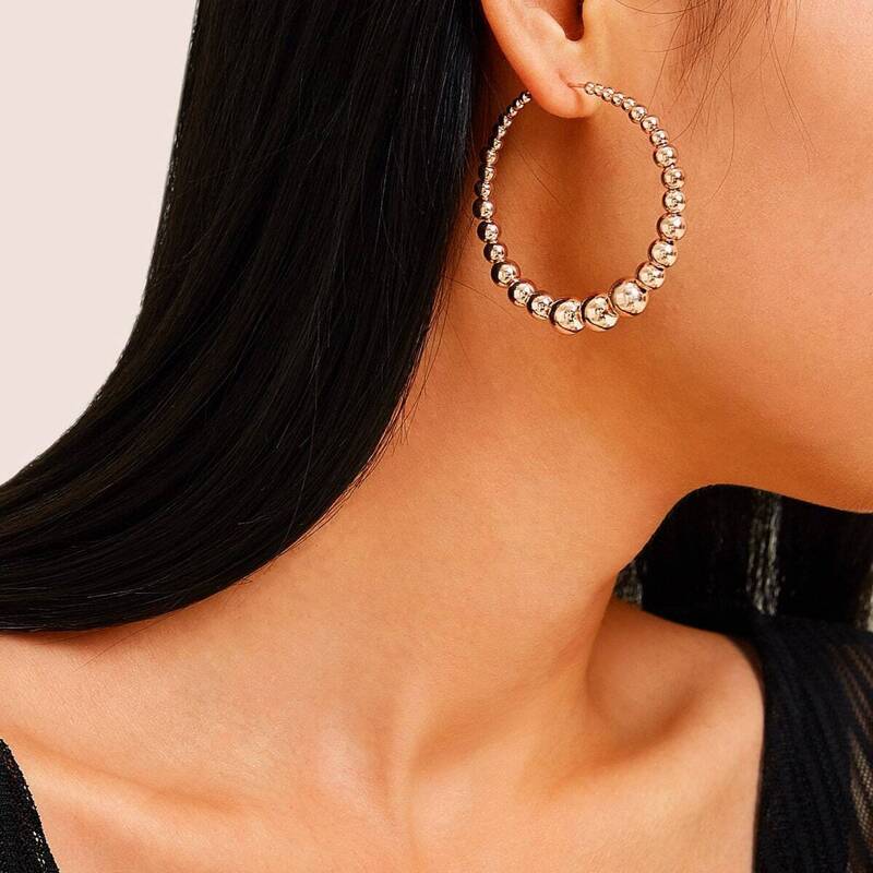 

Ball Beaded Oversize Hoop Earrings 1pair, Gold