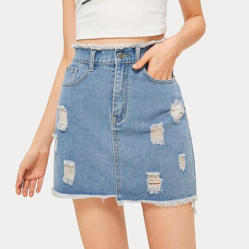 

Raw Hem Ripped Denim Skirt, Blue