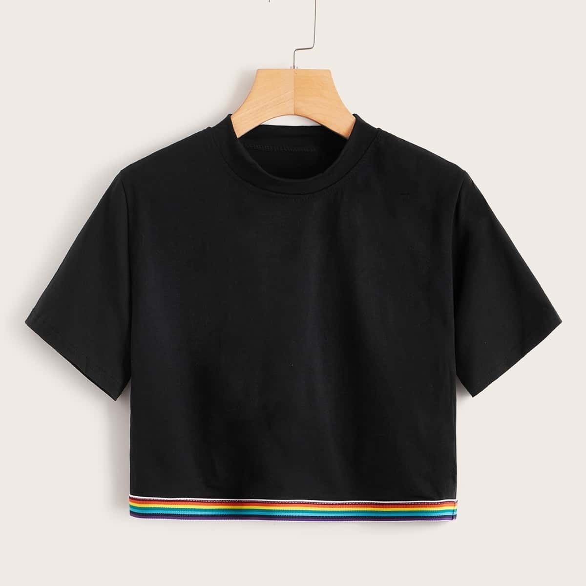 

Rainbow Striped Tape Hem Crop Tee, Black