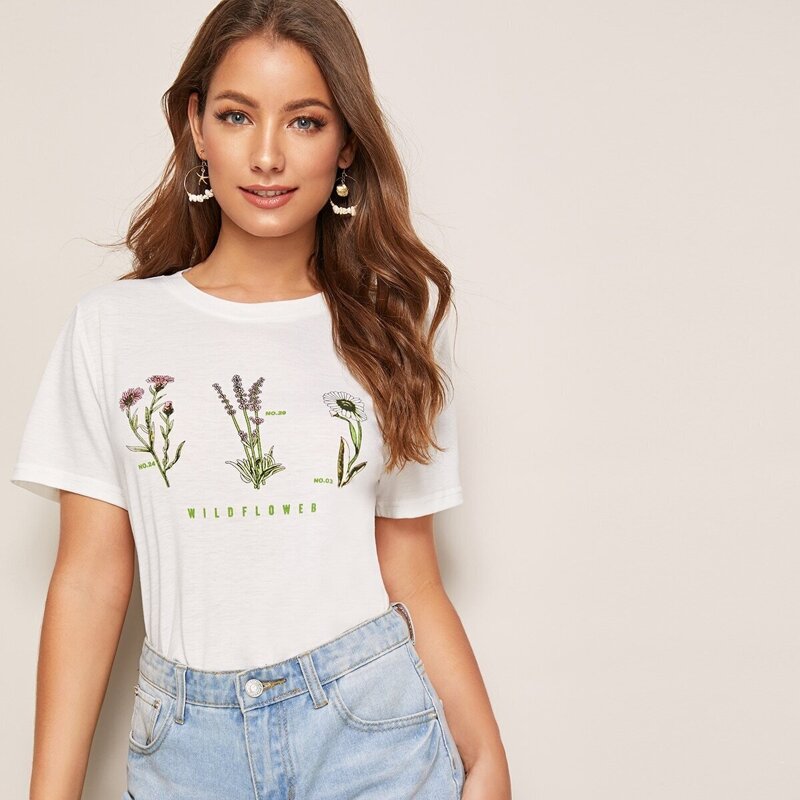 

Floral & Letter Print Tee, White