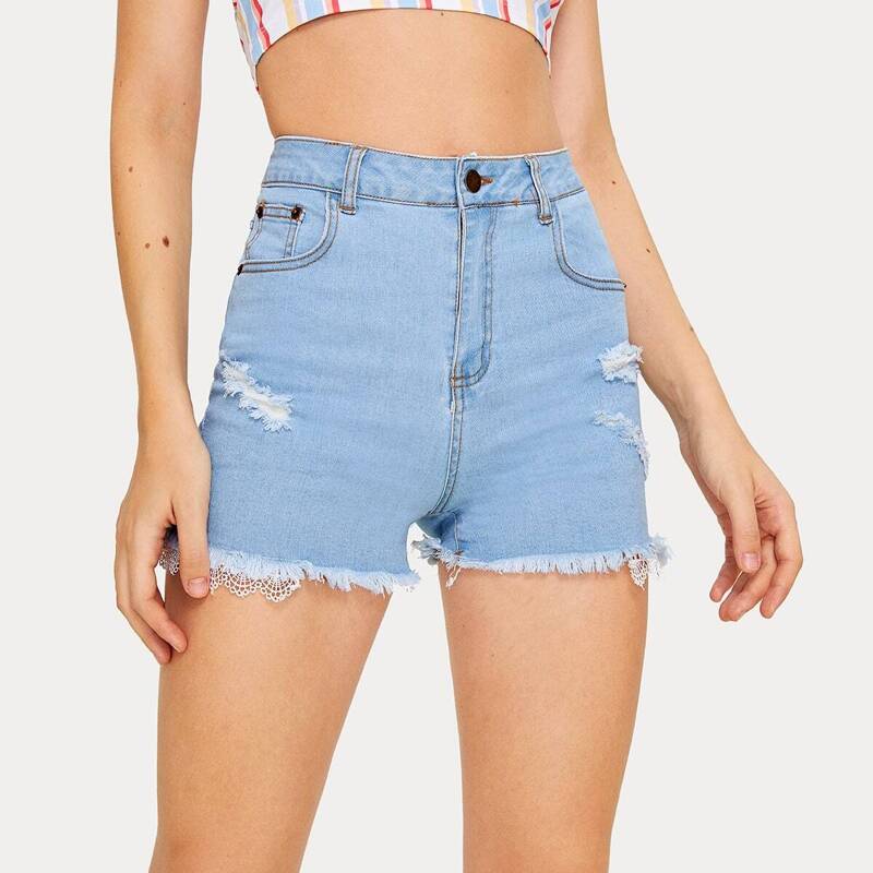 

Ripped Raw Hem Solid Denim Shorts, Blue
