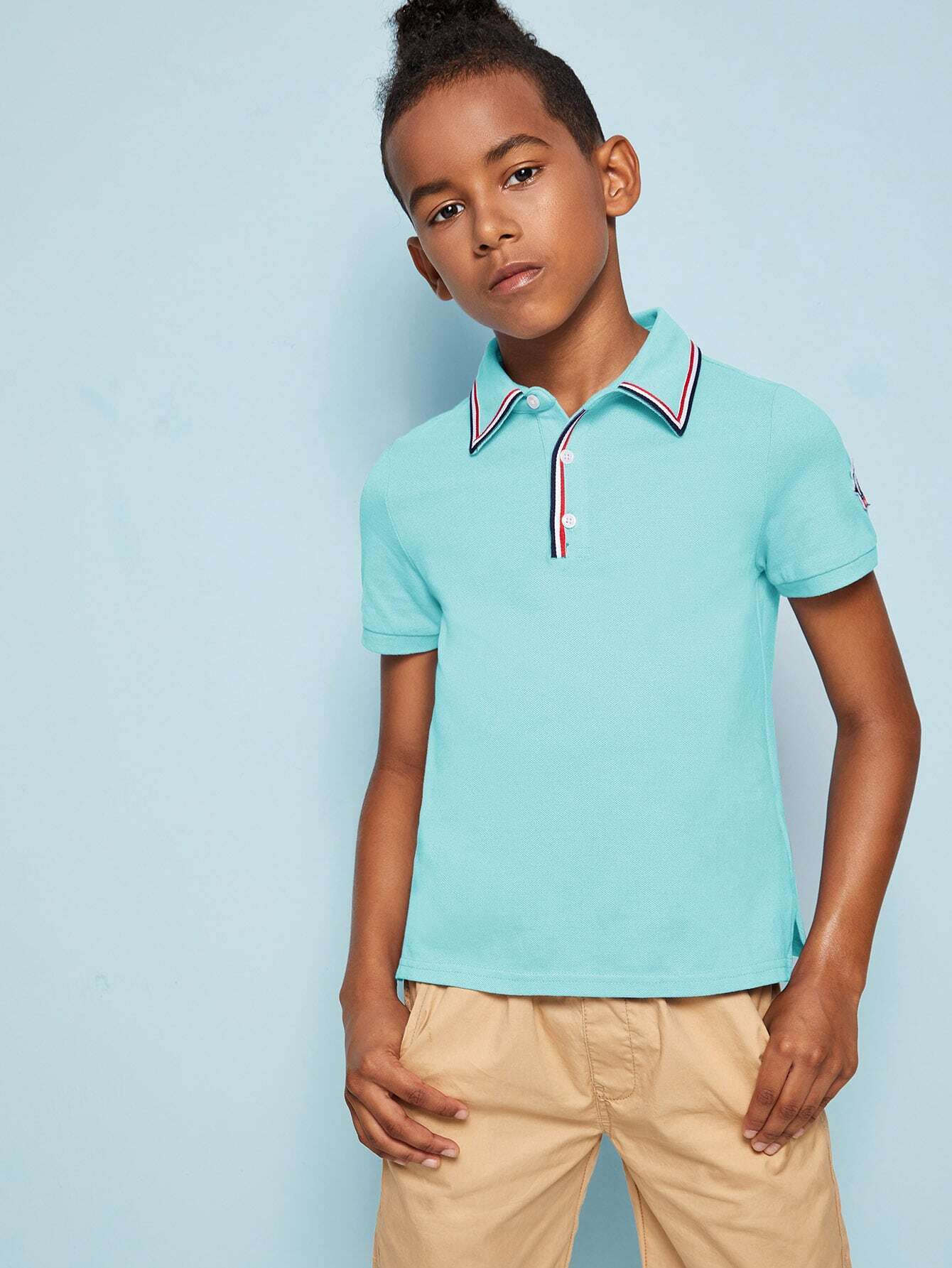 cheap boys striped tape patched detail polo shirt for sale