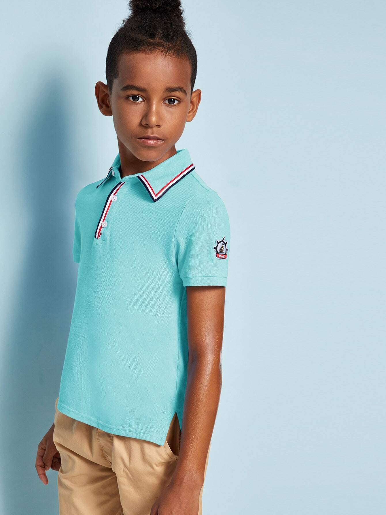 cheap boys striped tape patched detail polo shirt for sale