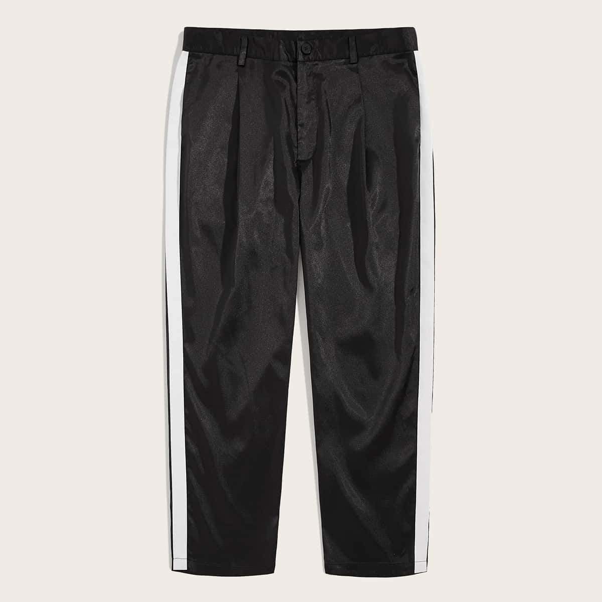 

Guys Button Fly Fold Pleat Striped Side Pants, Black