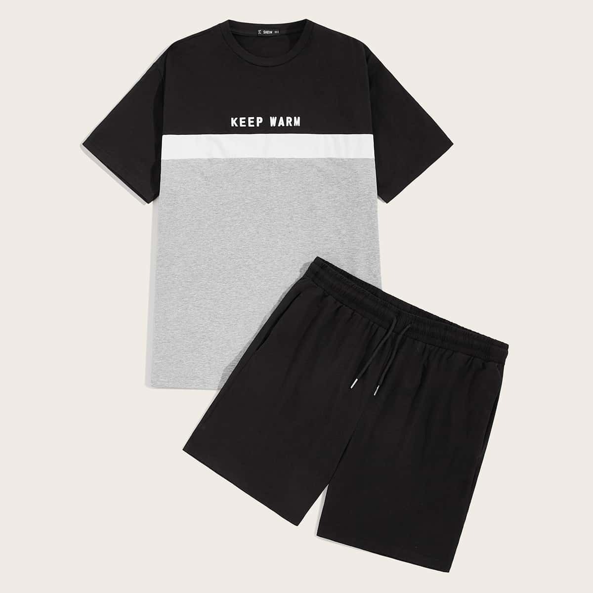 

Guys Cut-and-Sew Slogan Print Tee & Shorts Set, Multicolor
