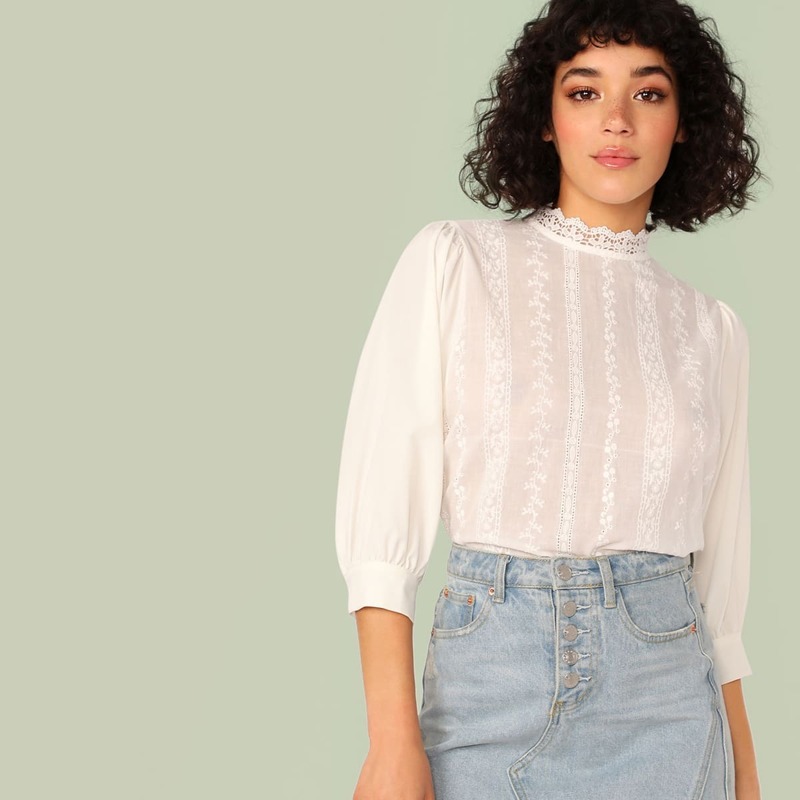

Guipure Lace Neck Embroidery Eyelet Top, White