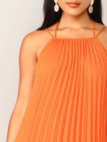 SHEIN 熒光橙色十字交叉露背百褶繞脖連衣裙 - 橘色 - 查看 4