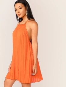 SHEIN 熒光橙色十字交叉露背百褶繞脖連衣裙 - 橘色 - 查看 3