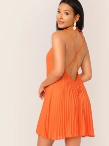 SHEIN 熒光橙色十字交叉露背百褶繞脖連衣裙 - 橘色 - 查看 2