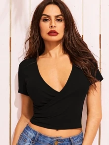SHEIN Solid Plunging Neck Wrap Top - Black - View 1