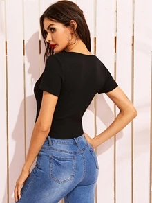 SHEIN Solid Plunging Neck Wrap Top - Black - View 2