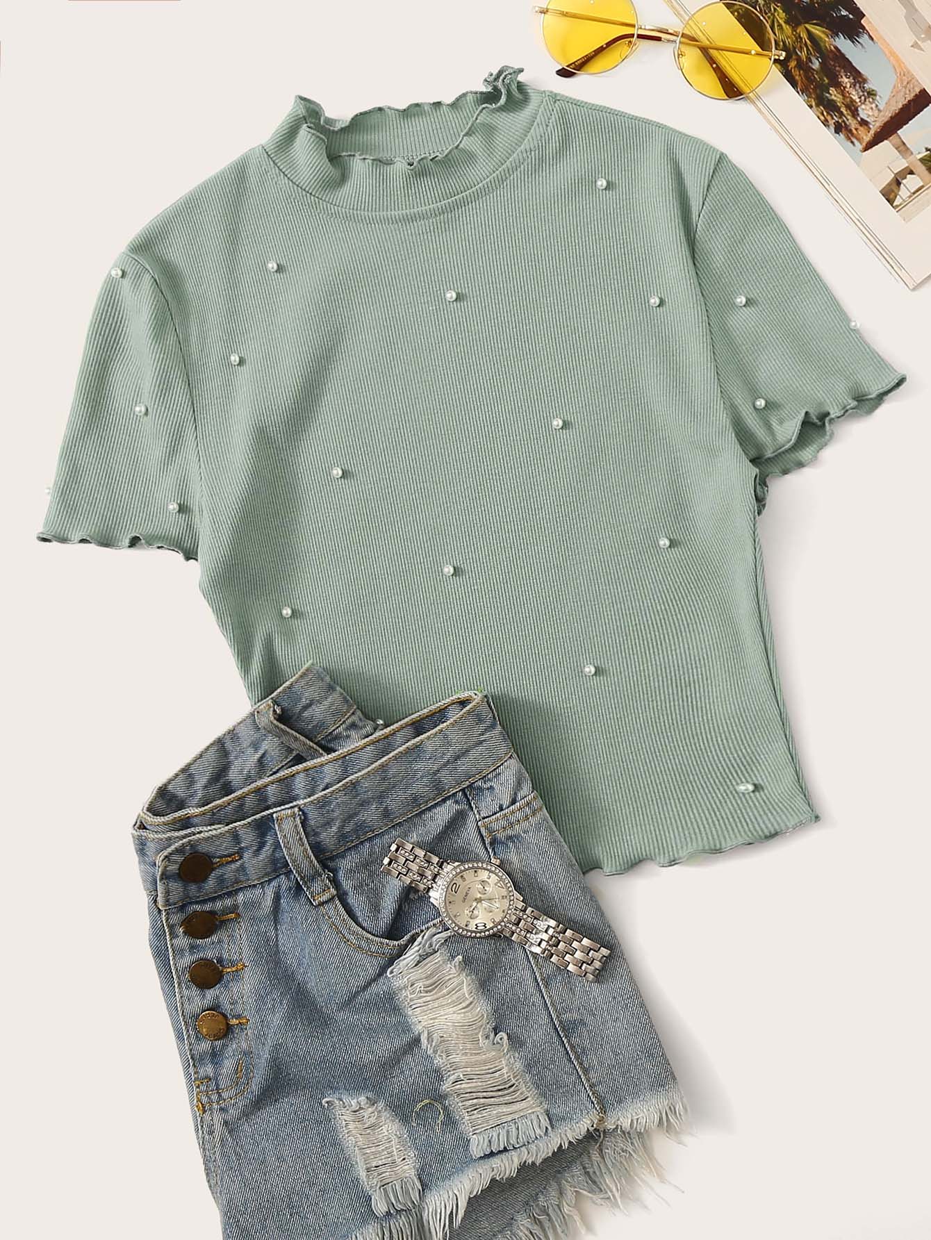 Romwe Womens Rib Knit Pearls Beaded Short Sleeve Lettuce Trim Mock Neck Crop Tee Tops Blouse