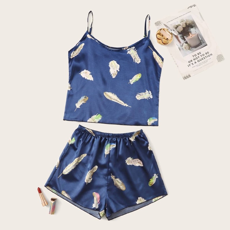 

Feather Print Satin Cami Pajama Set, Navy