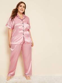 Plus Contrast Binding Satin Pyjama Set - Baby Pink - View 3