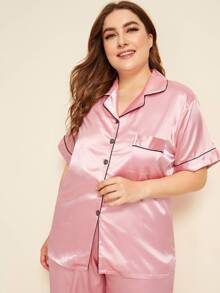 Plus Contrast Binding Satin Pyjama Set - Baby Pink - View 4