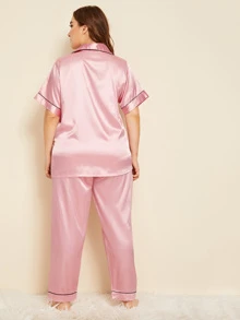Plus Contrast Binding Satin Pyjama Set - Baby Pink - View 2
