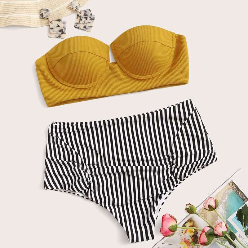 

Underwire Bandeau With Striped Bikini Set, Multicolor
