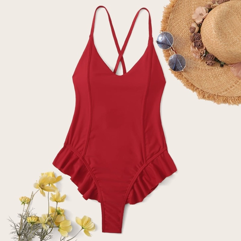 

Ruffle Hem Criss Cross One Piece Swimwear, Red