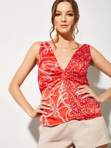 Chain Dot Print Twist Front Tank Top - Red - View 1